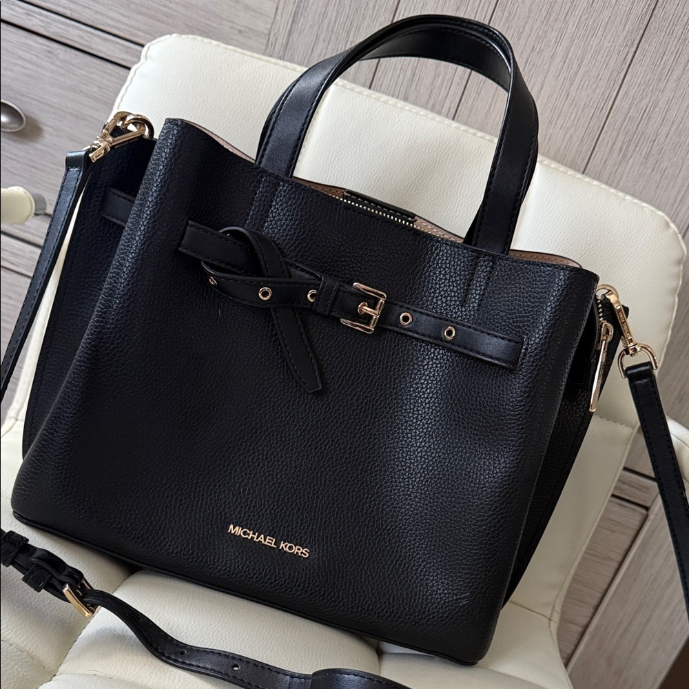 Michael Kors Black Emilia Large Pebbled Leather Satchel Tote